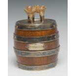 The Wunderkammer - a late Victorian E.P.N.S mounted coopered oak tobacco jar, the cover mounted with