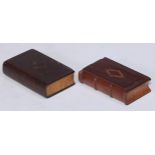 A 19th century mahogany and parquetry novelty snuff box, as a book, sliding cover, 8cm long, c.1870;