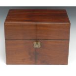 A George IV mahogany six-section decanter box, hinged cover enclosing six square glass bottles,