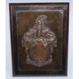 Heraldry - a Welsh copper armorial plaque, embossed with coat of arms and motto Llafur Orfu Bobpeth,