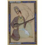 Persian School A Court Musician gouache on panel, 20.5cm x 13cm, gilt frame, 37cm x 29.5cm overall