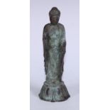 Chinese School (19th century), a cast figure, Bodhisattva, standing upon a lotus, verdigris surface,