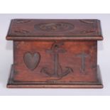 Folk Art - a 19th century mahogany sailor's ditty box, carved with a heart, anchor, cross and