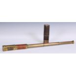 A 19th century lacquered brass three-draw telescope, leather bound grip, aperture cover to eyepiece,