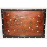 A Chinese hardwood and marquetry rectangular tray, inliad in brass and mother of pearl with