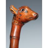 A 19th century novelty walking stick, the bamboo handle carved as the head of a cow, glass eyes,