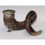 A 19th century ram's horn table snuff mull, the Britannia metal mount with hinged cover and