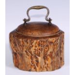 Treen - a 19th century burr wood box and cover, brass swan neck handle, 15cm diam