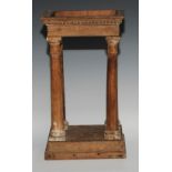 A Neo-Classical oak and poplar Doric portico, dentil cornice above four turned pillars,