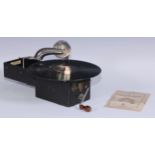 An early 20th century Peter Pan picnic gramophone, retailed by Alfred Hays, London, patent nos.
