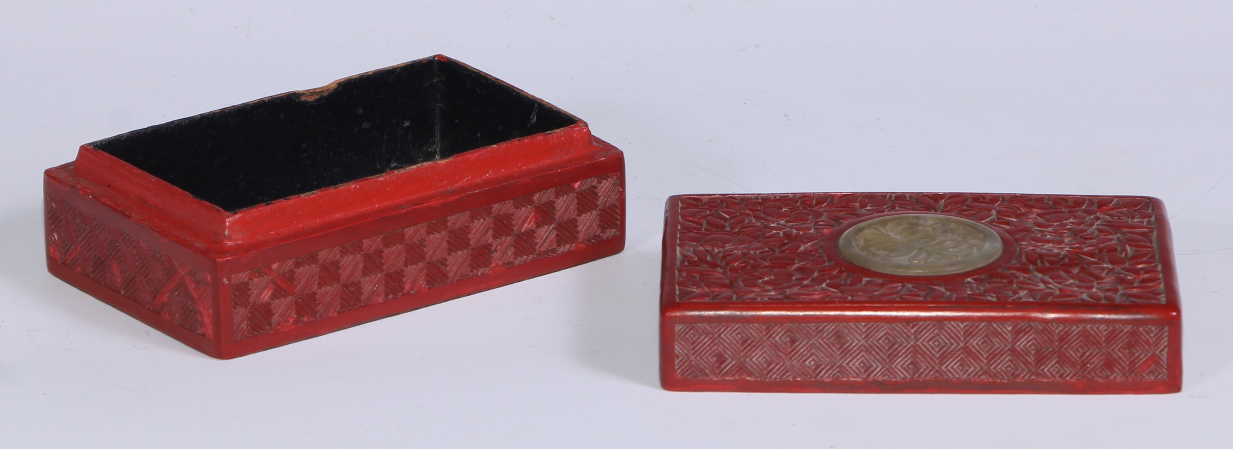 A Chinese cinnabar lacquer rectangular box, the cover centred by a carved and pierced roundel, - Image 4 of 4