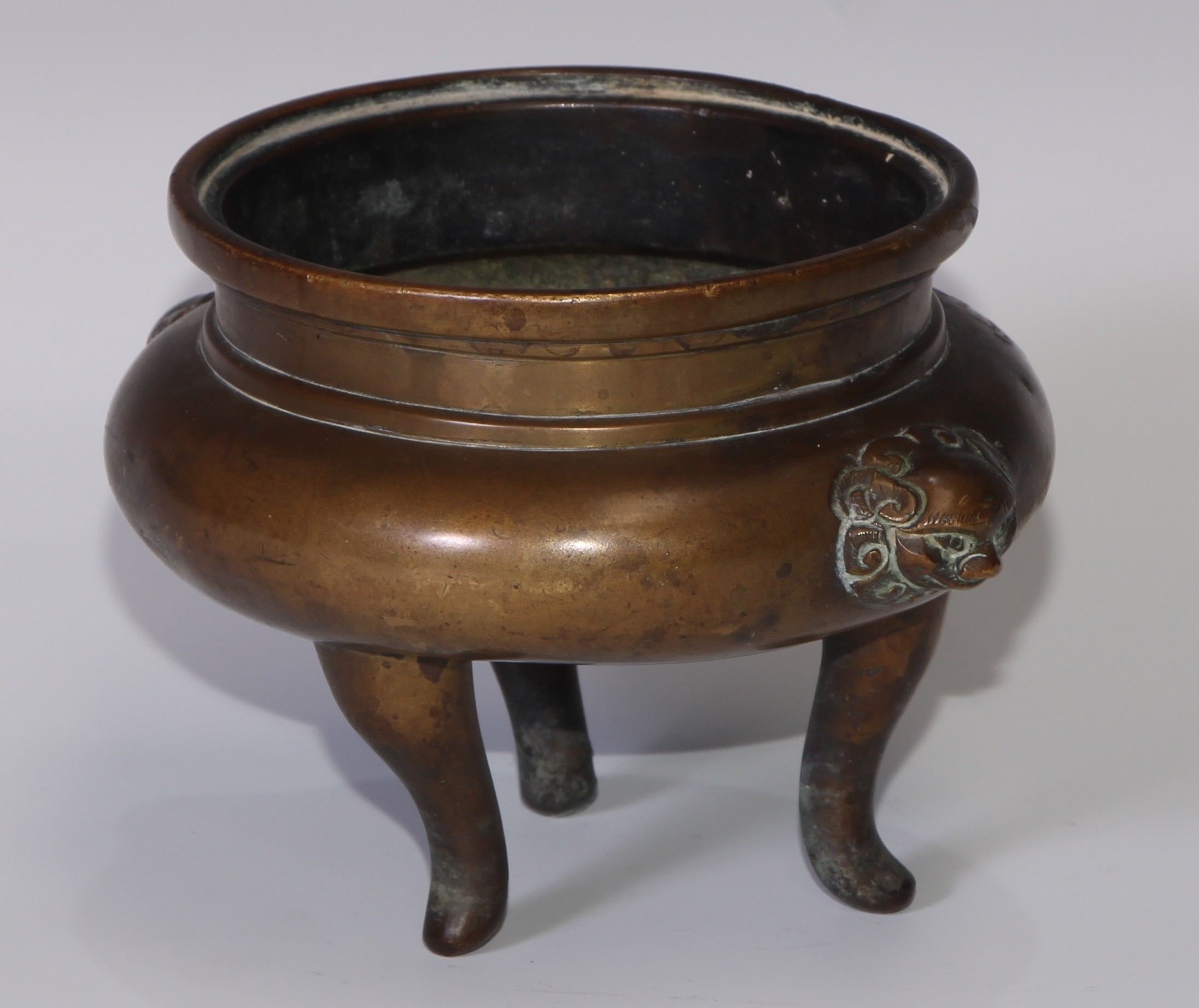 A Chinese bronze tripod censer, cast temple lion mask handles, tall serpentine legs, 16cm wide, 19th - Image 3 of 4