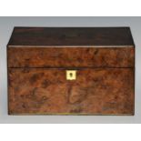 A Victorian burr walnut rectangular dressing box, hinged cover enclosing a lift-out tray and an