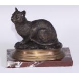 Continental School, a brown patinated bronze, of a cat, seated, marble base, 15cm long