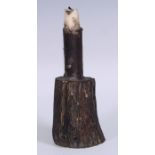 A primitive socket candlestick, of rush light type construction, sheet steel sconce, rustic base,