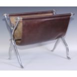 An Art Deco design alloy and leather periodical rack, figural X-sframe end supports, 51cm wide