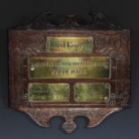 A 18th century salvaged oak panel, Relic of Peel Chapel 1760, applied with brass plaques inscribed