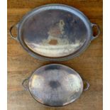A large Sheffield Plated two handled tray crested, 70cm wide, c.1890; another, die stamped, 49cm