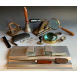 A desk school bell; a magnifying glass; compasses; wire glasses; contemporary desk stand; etc **