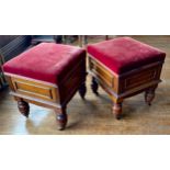 A pair of Victorian oak stools, hinged stuffed over seats, panelled sides, turned legs, on