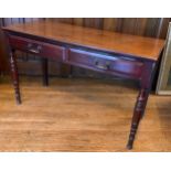A late Victorian rectangular side table, two drawers to frieze, turned legs, angular handles, 76cm