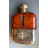 A silver and leather hip flask, the detachable base applied with Parachute Regiment emblem, 13cm