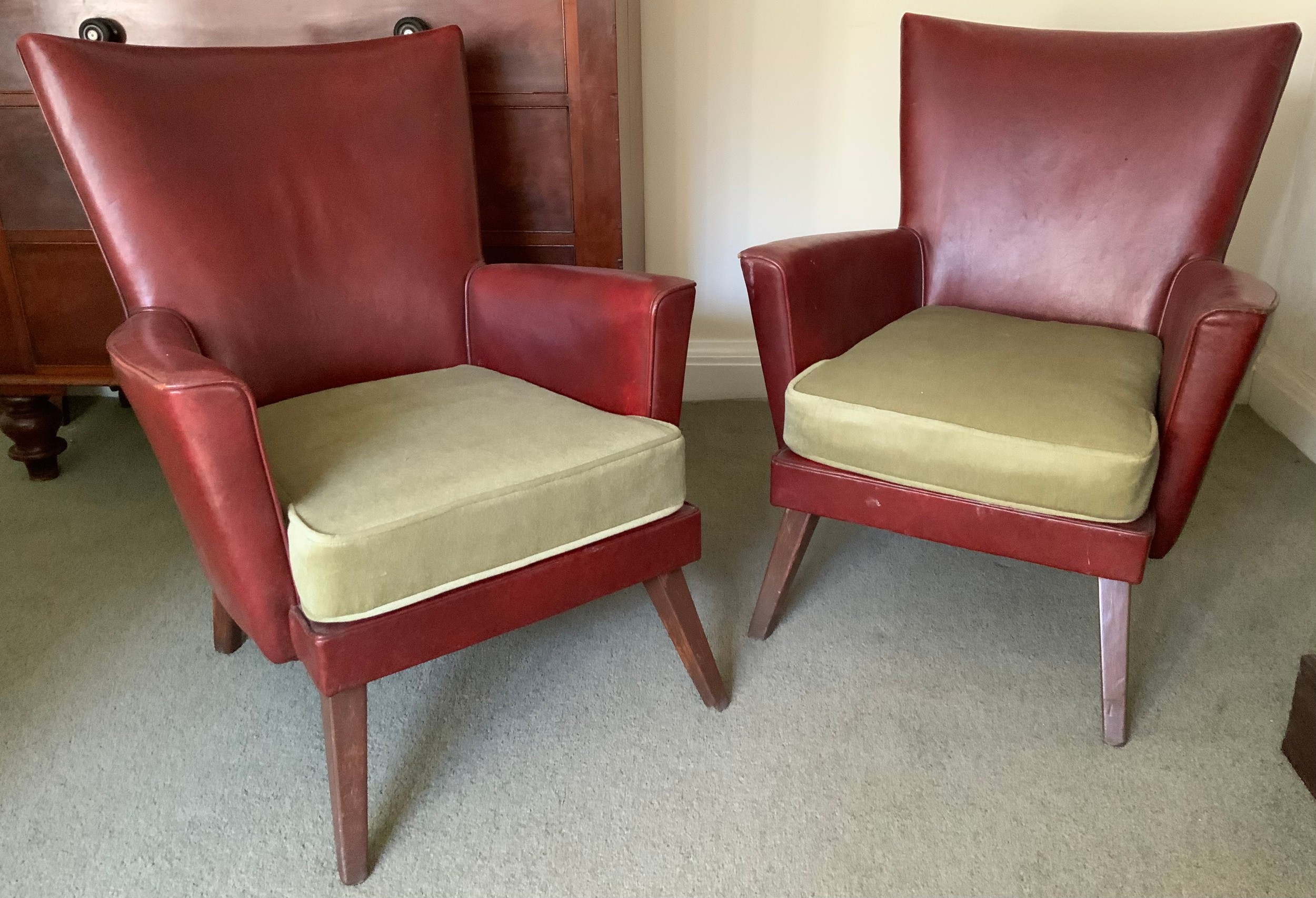 A pair of Art Deco leatherette side arm chairs, with angular backs, c1930 ** We would please ask
