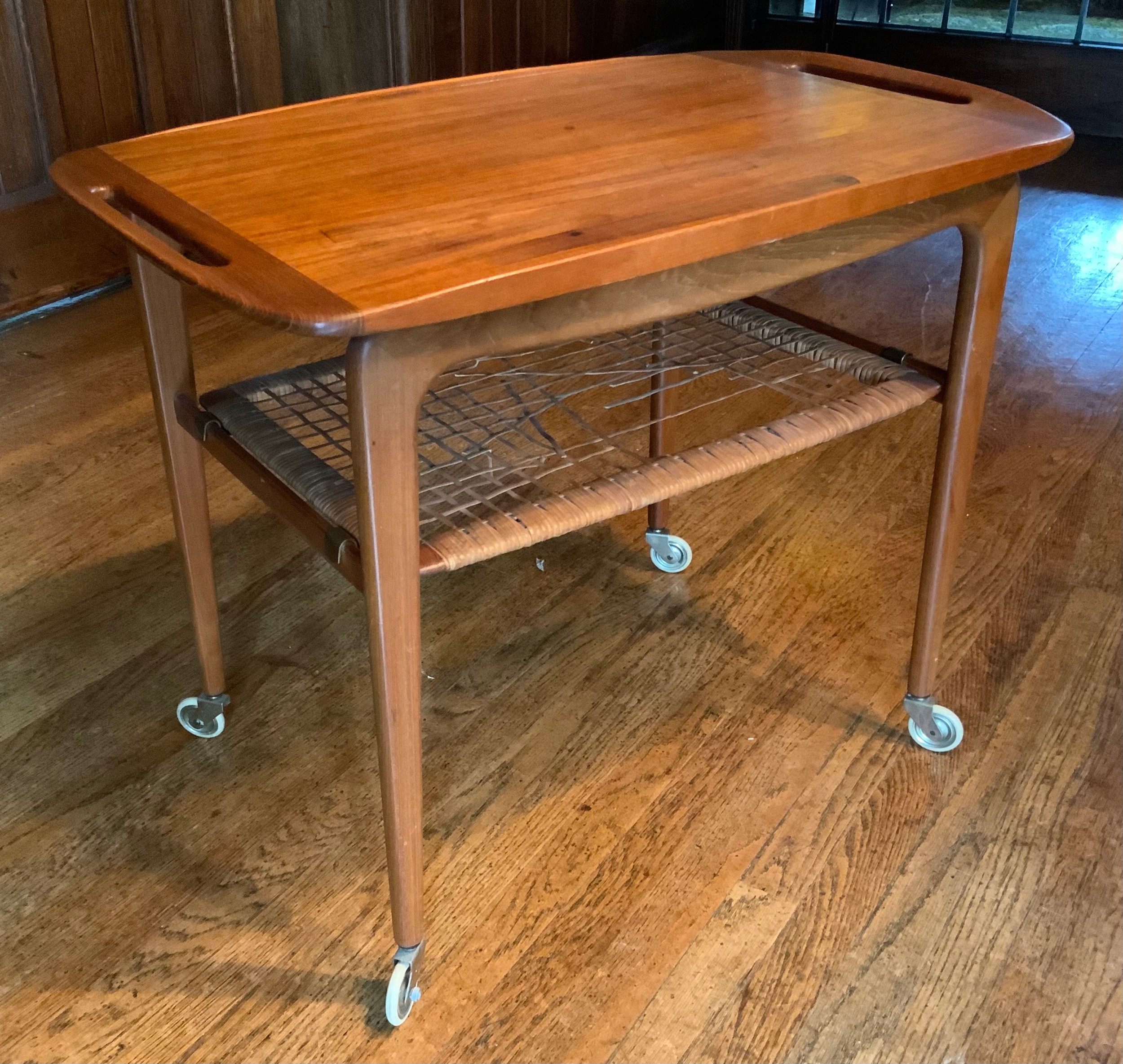 A post war Danish teak trolley table, designed by Johannes Sandersen for Silkeborg, lift off tray,