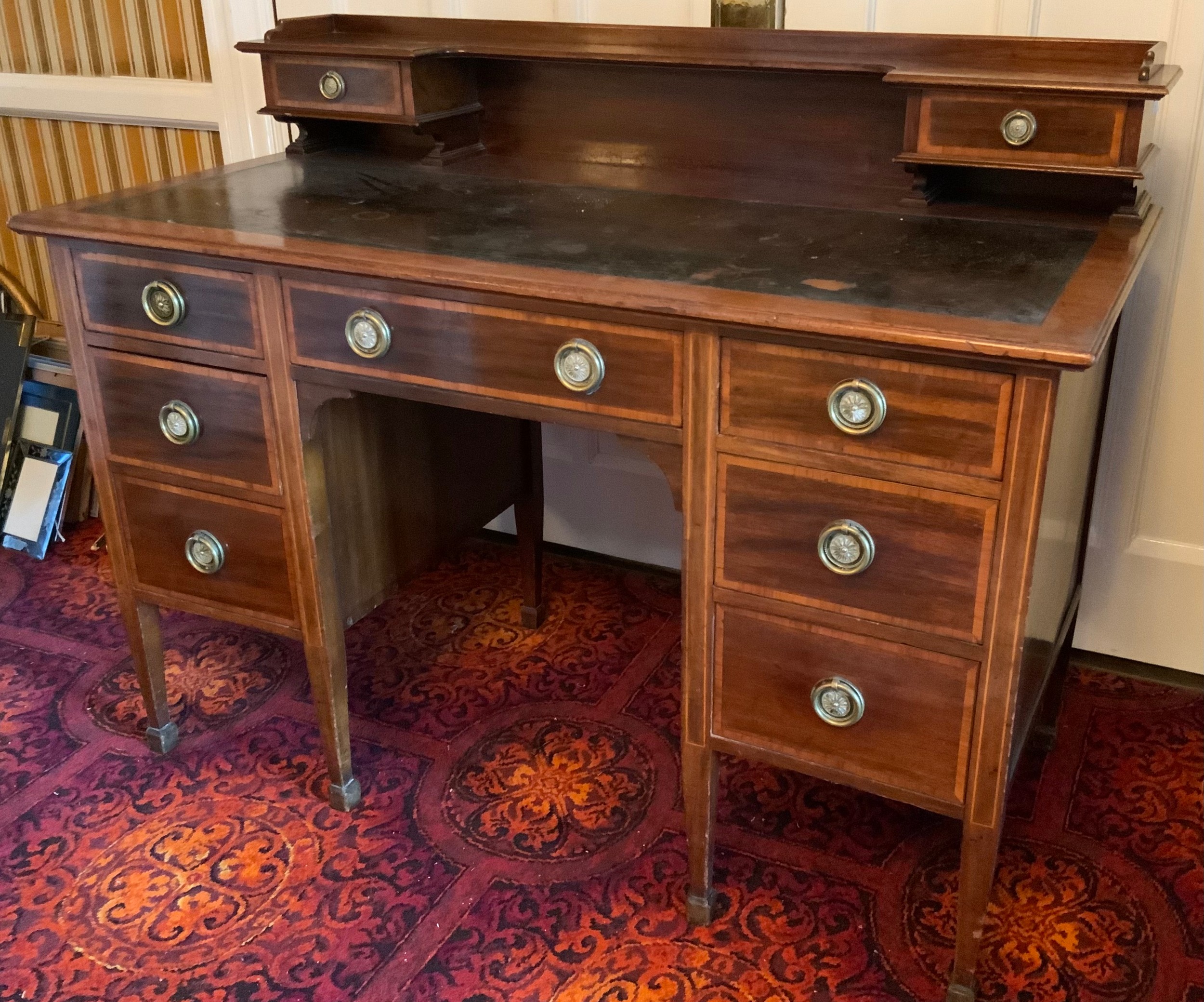 An Edwardian mahogany and satinwood strung writing desk, by Waring, the superstructure fitted with - Image 2 of 3