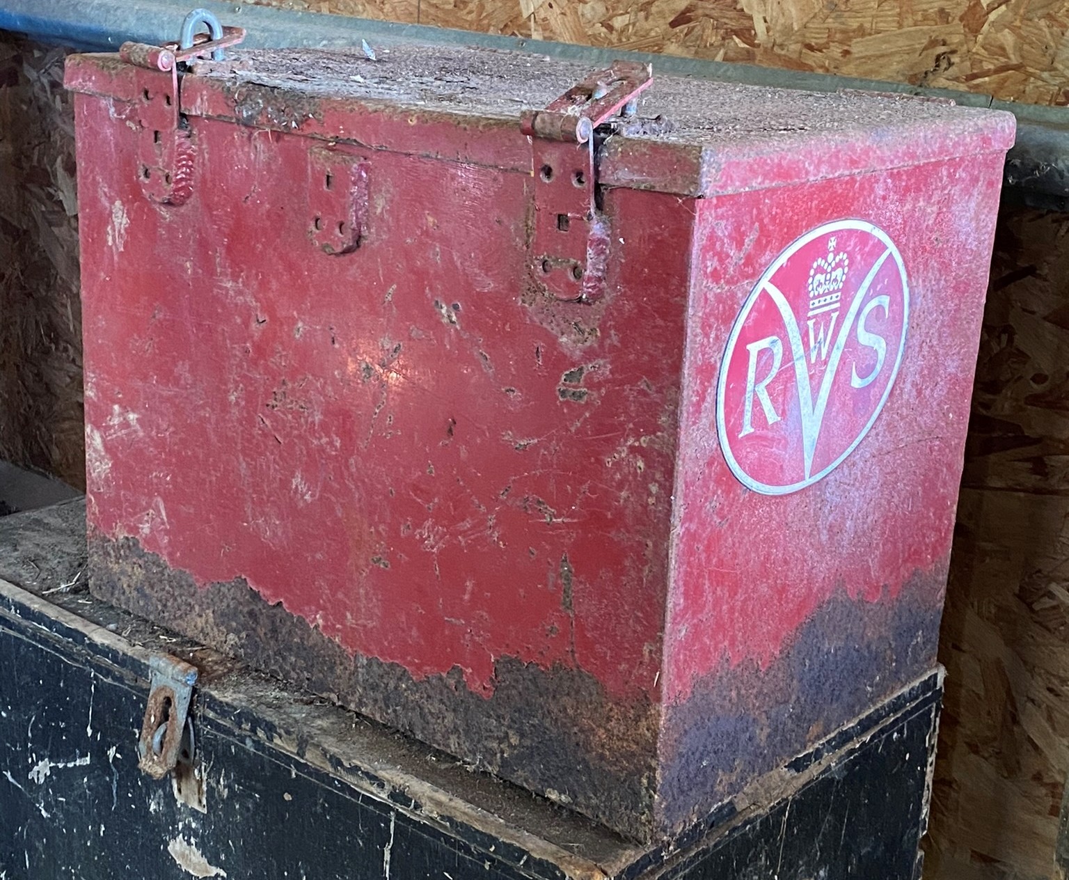 Salvage - A large rectangular steel box, WRVS (Women's Royal Voluntary Service), 62cm wide. ** We