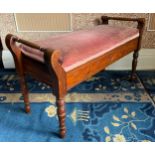 A Victorian mahogany duet piano stool, stuffed over top, turned legs, 50cm high, 82cm wide, c.