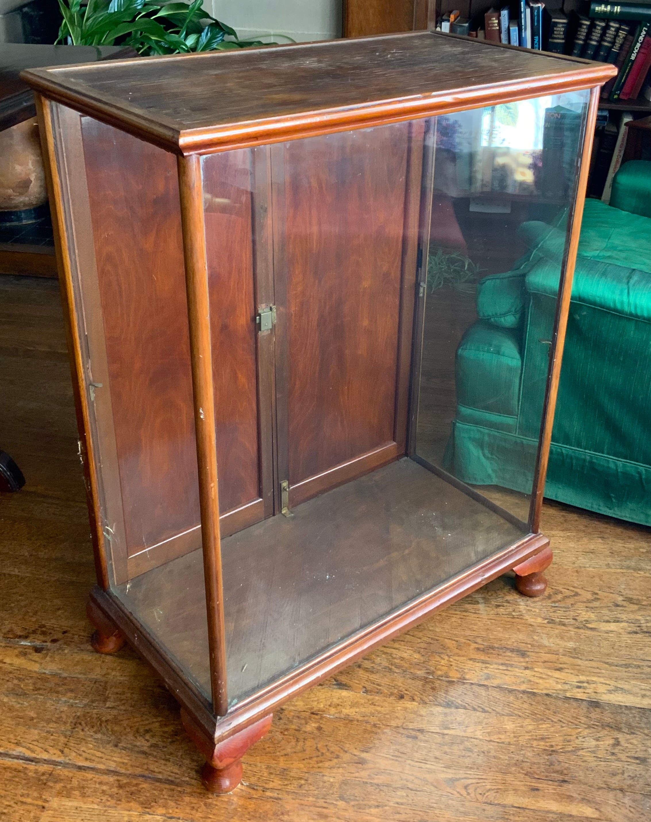 An early 20th century mahogany display cabinet, glazed sides and front, low cabriole legs, 89cm x