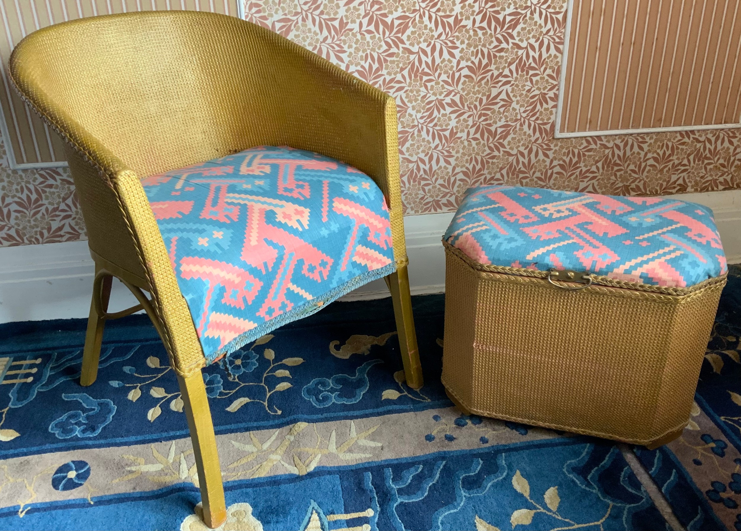 A Lloyd Loom style chair, in gilt, c.1930; a canted rectangular ottoman, 49cm wide; another, - Image 2 of 3