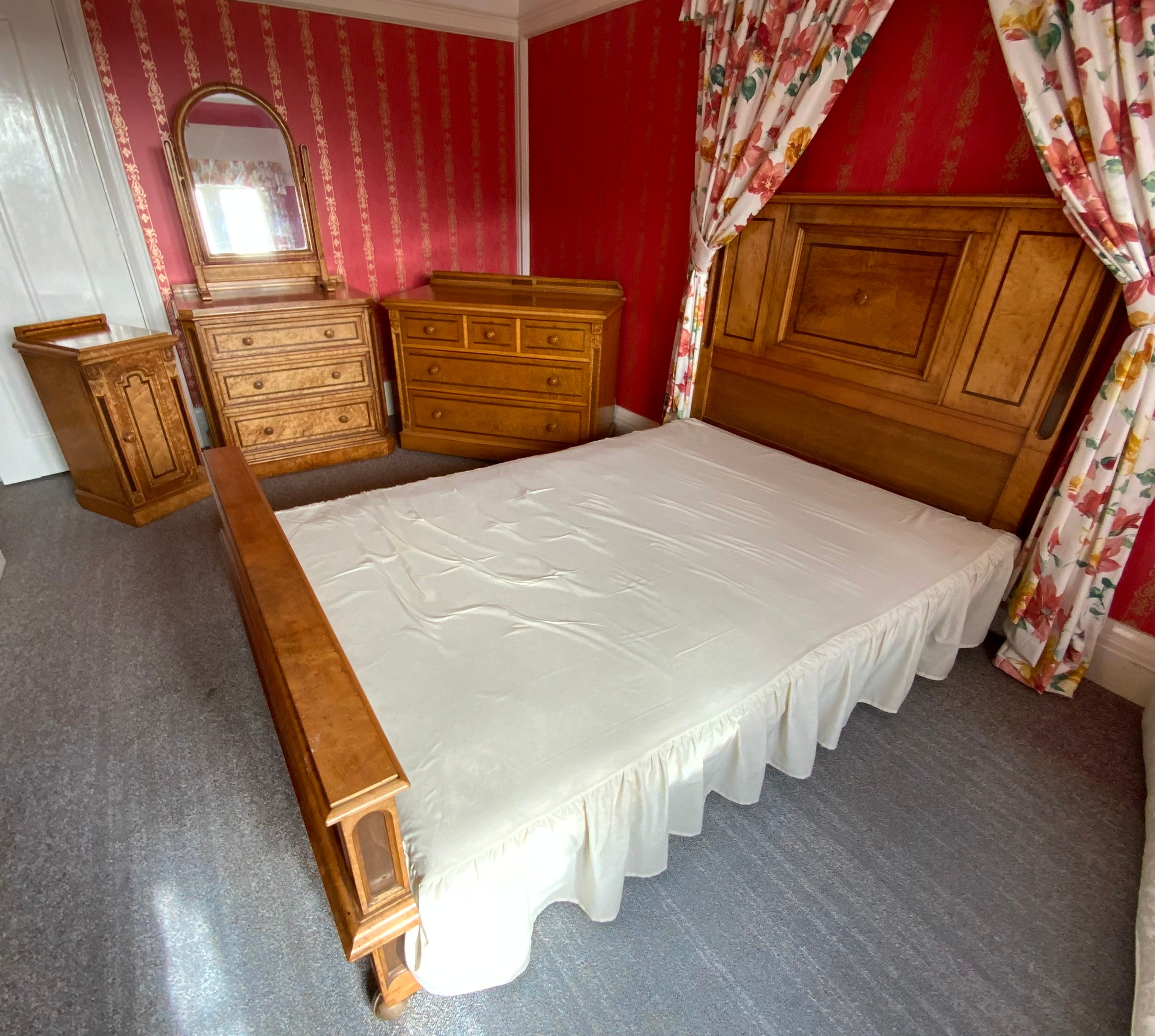 A Victorian burr maple part bedroom suite, comprising double bed head, bedside chest, two dressing