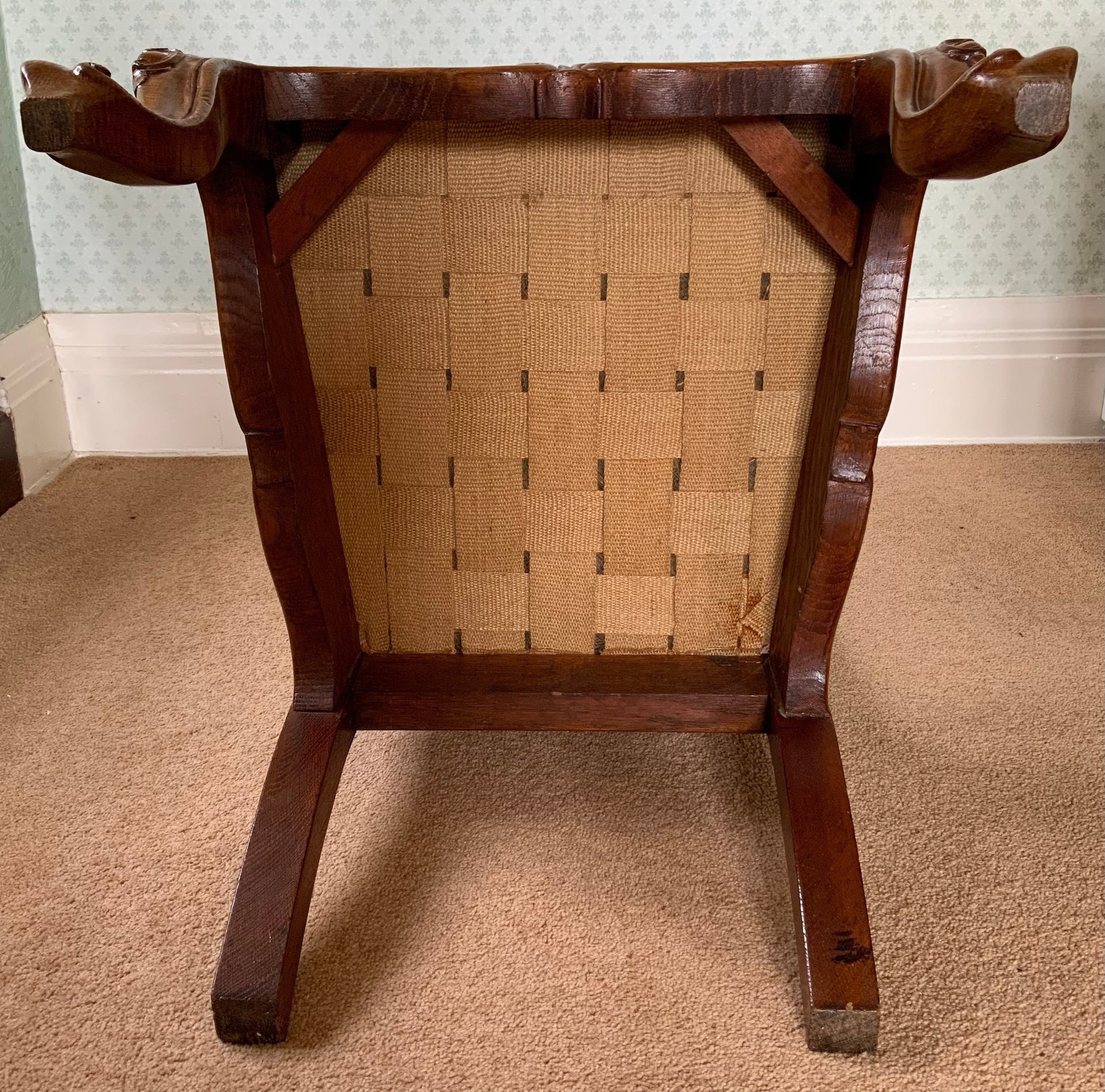 A 19th century walnut nursing chair, upholstered back and seat, turned freestanding columns, - Image 5 of 6
