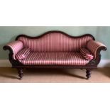 A Victorian mahogany sofa, leafy scroll arms, turned legs, red adn white striped upholstery, 208cm
