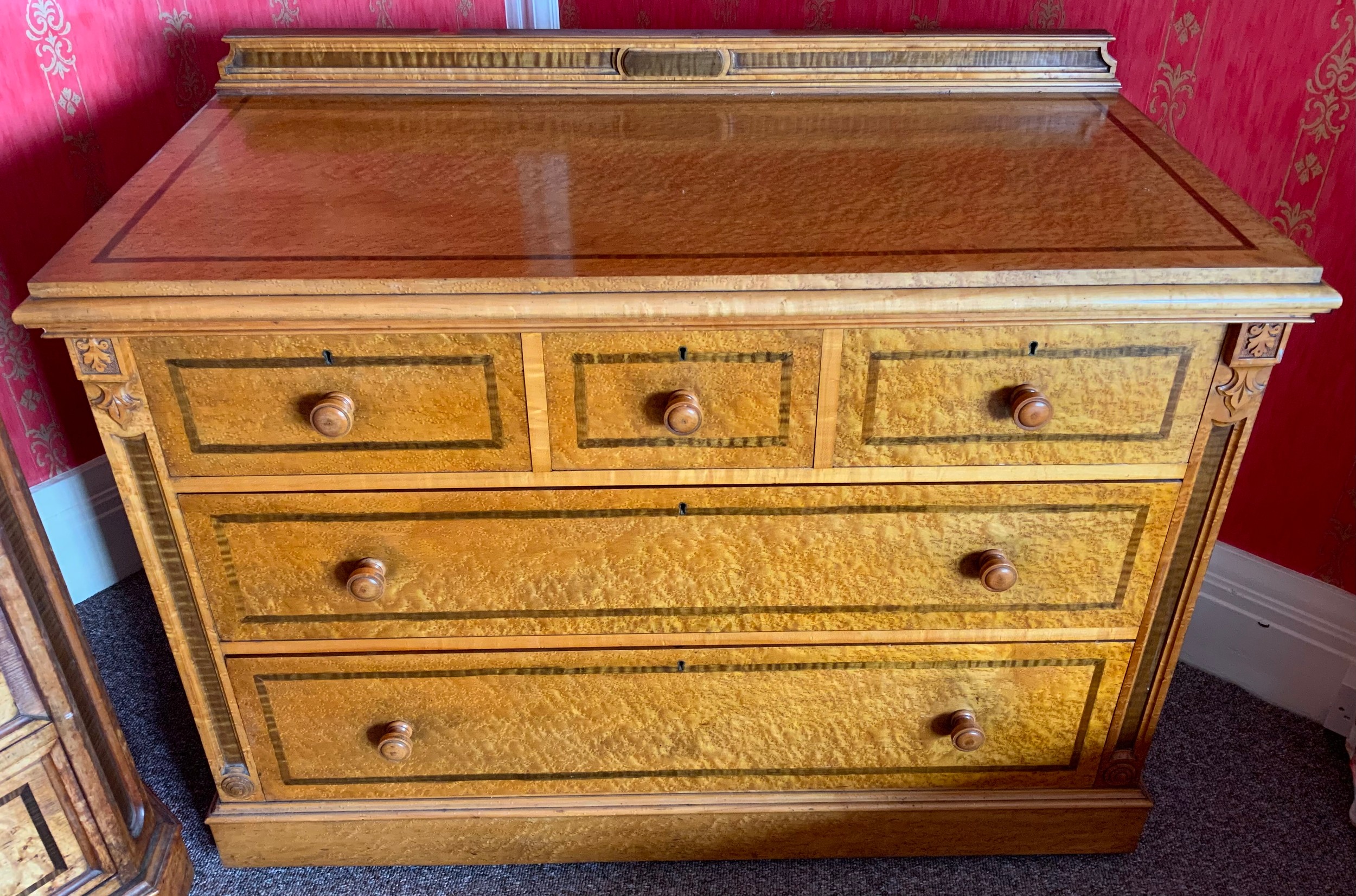 A Victorian burr maple part bedroom suite, comprising double bed head, bedside chest, two dressing - Image 4 of 6