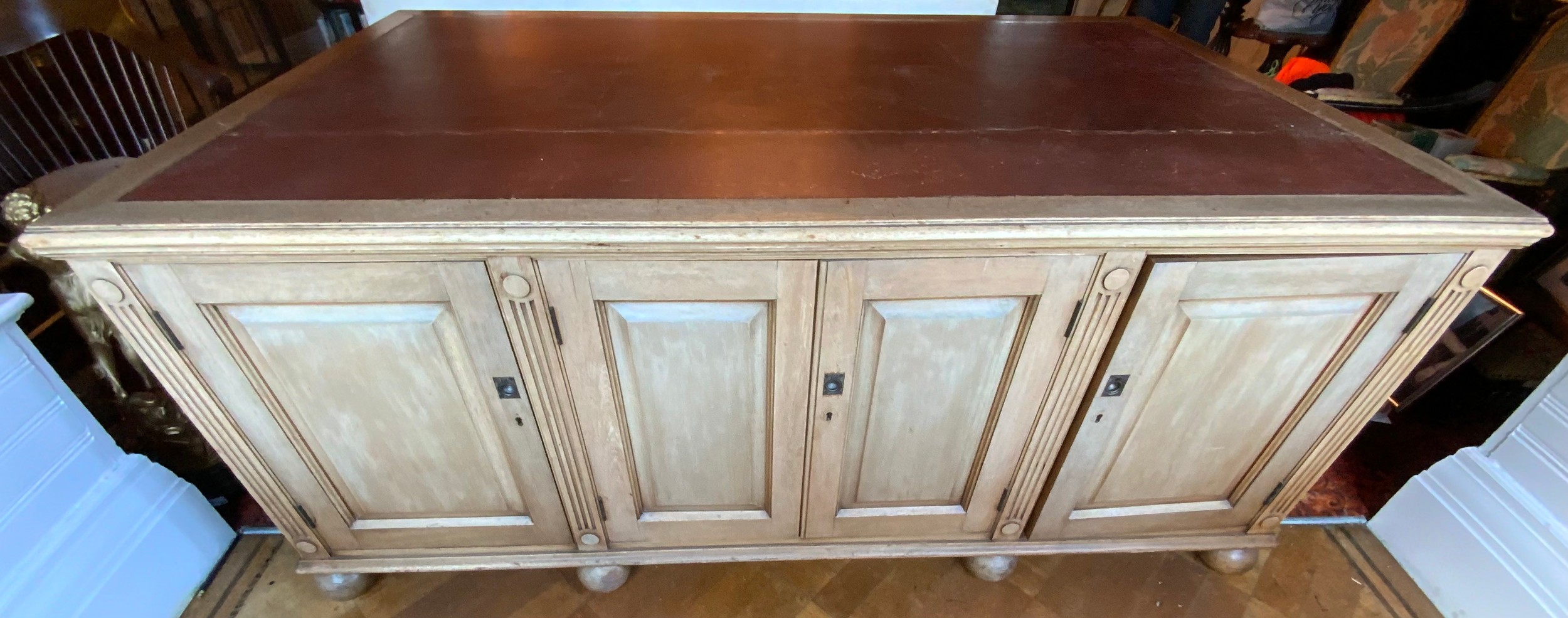 A late 19th/early 20th century mahogany partners desk, tooled leather writing surface, central - Image 4 of 4