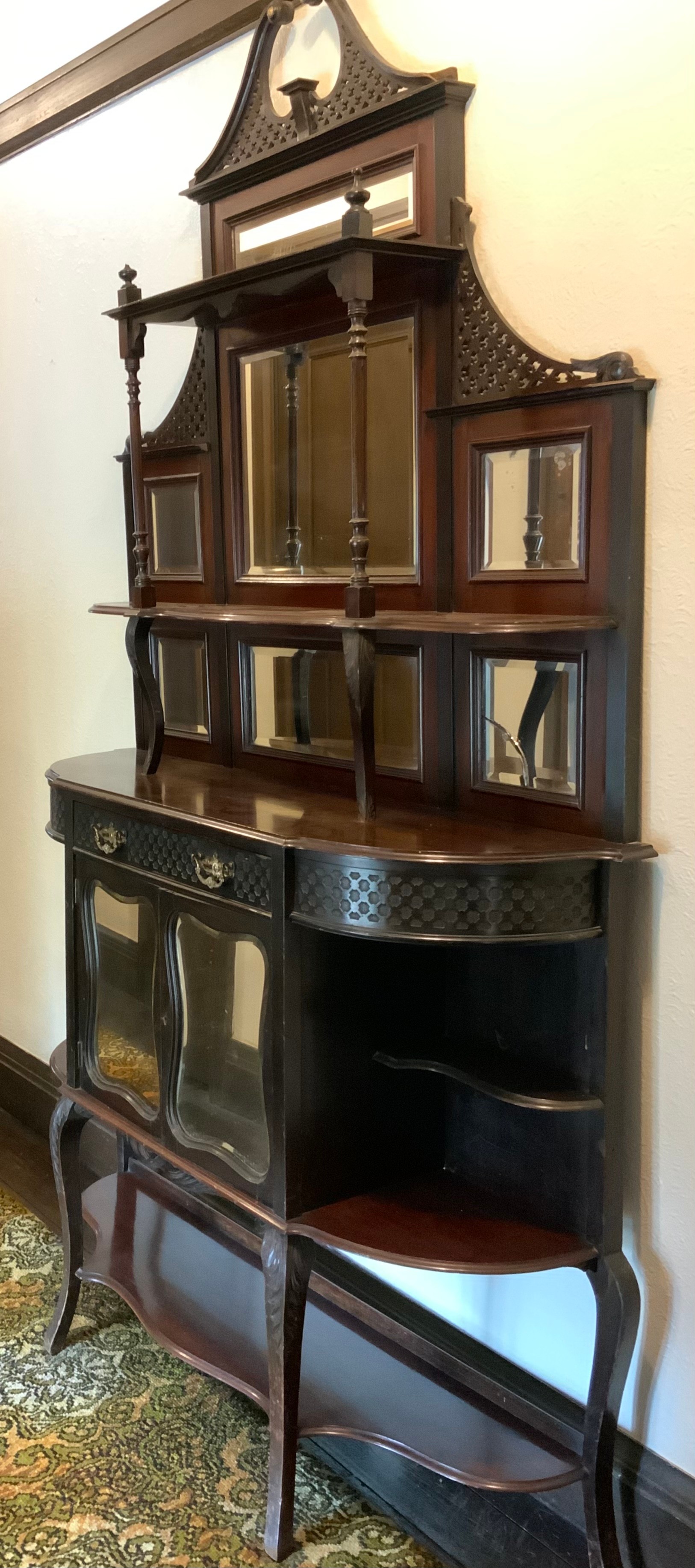 A Victorian ebonised chiffoniere, with blind fret swan neck pediment above two shelves and seven - Image 4 of 4