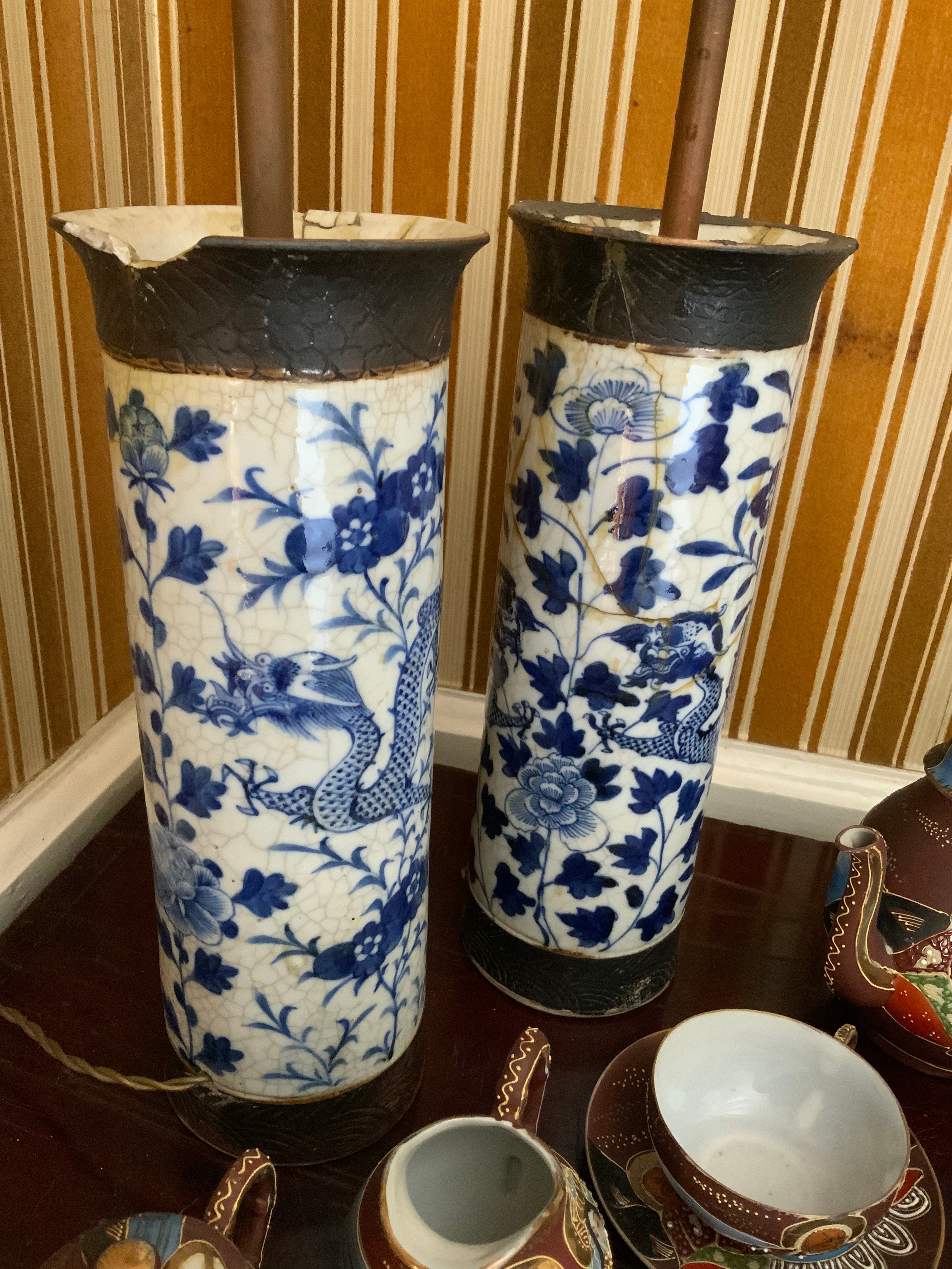A pair of Chinese crackle glaze sleeve vases, decorated in underglaze blue with scrolling dragons, - Image 2 of 3