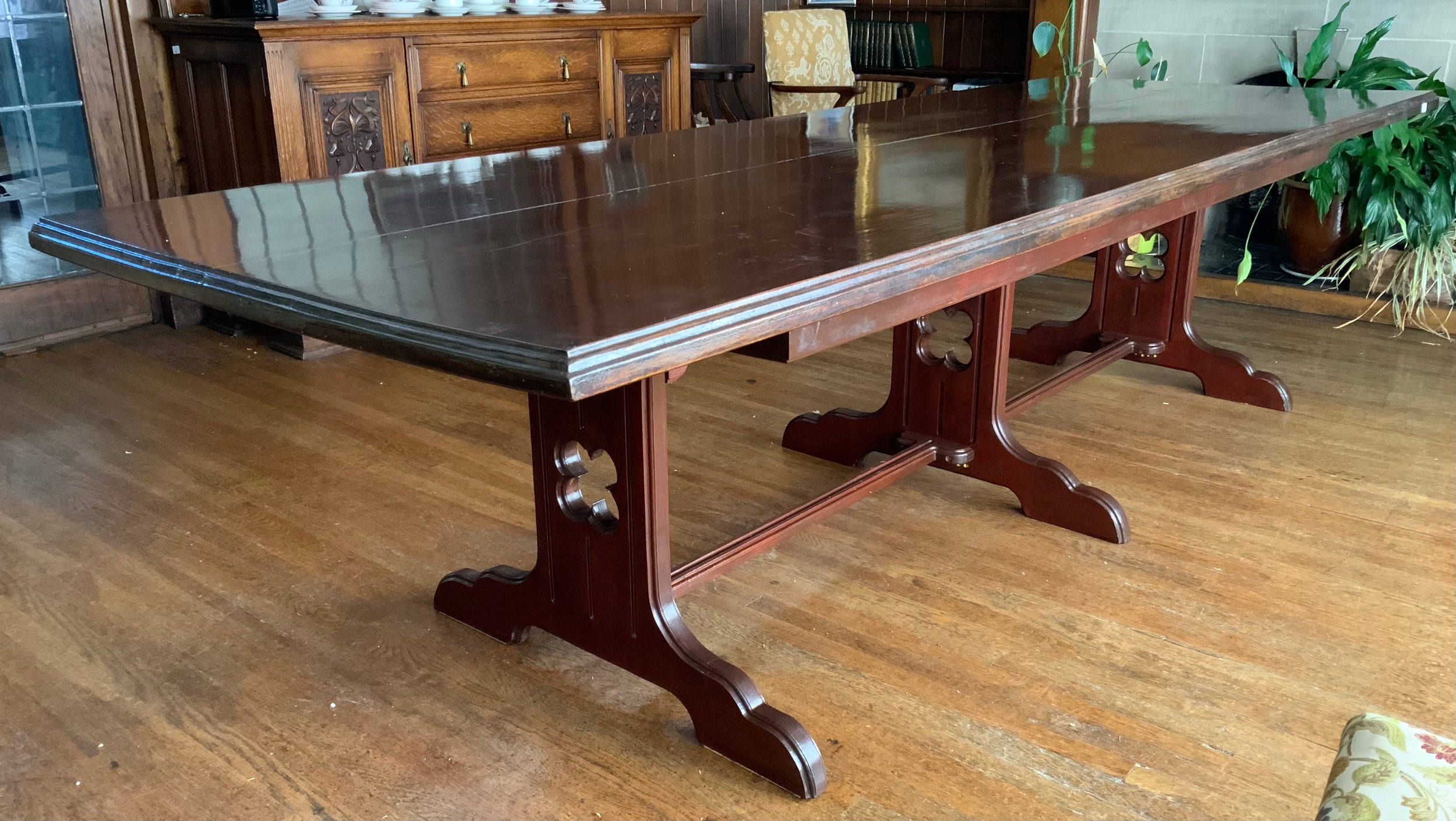 A large rectangular mahogany stained dining table, moulded edge, central stretcher with three fluted - Image 2 of 2