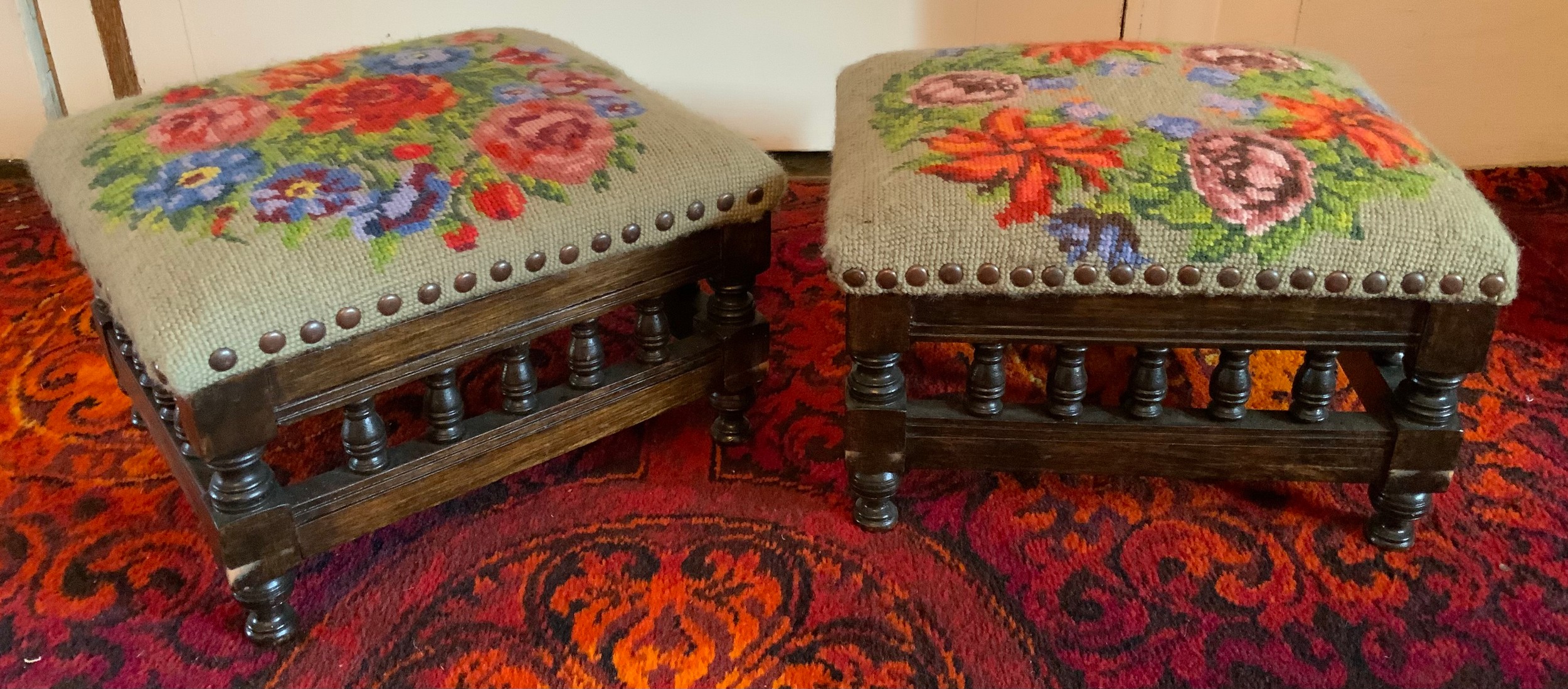 A pair of Victorian square foot stools, tapestry tops, turned gallery spindles, shaped feet, 18cm