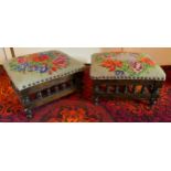A pair of Victorian square foot stools, tapestry tops, turned gallery spindles, shaped feet, 18cm