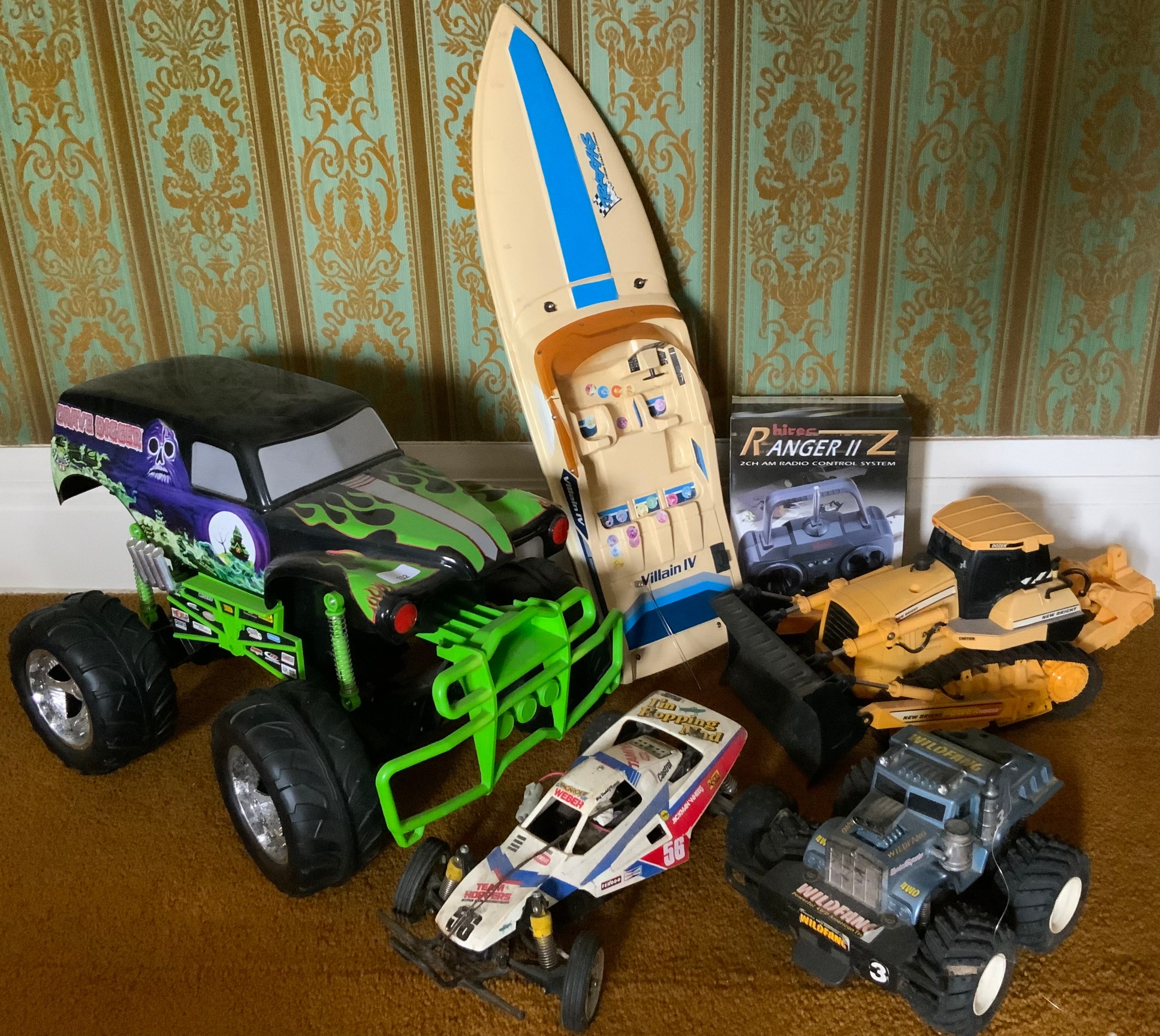 Toys - Radio Control vehicles, Villian IV speed boat; Tyco monster truck; digger; etc ** We would