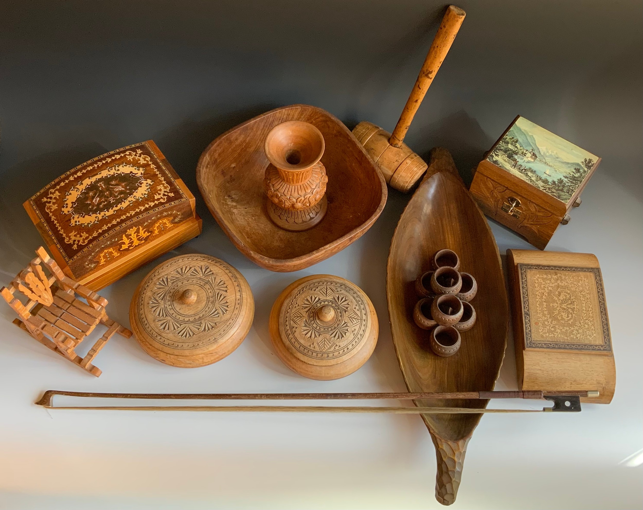 Treen - wooden bowls; powder pots and covers; napkin rings; musical boxes; gavel; etc ** We would