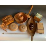 Treen - wooden bowls; powder pots and covers; napkin rings; musical boxes; gavel; etc ** We would