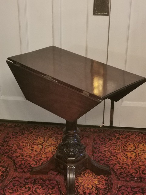 A 'Victorian' mahogany octagonal drop leaf occasional table, carved columns, four splay legs, 70cm - Image 3 of 4