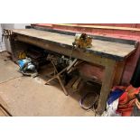 A large workshop workbench, 2 table mounted vices, 275cm long, 77cm deep. ** We would please ask