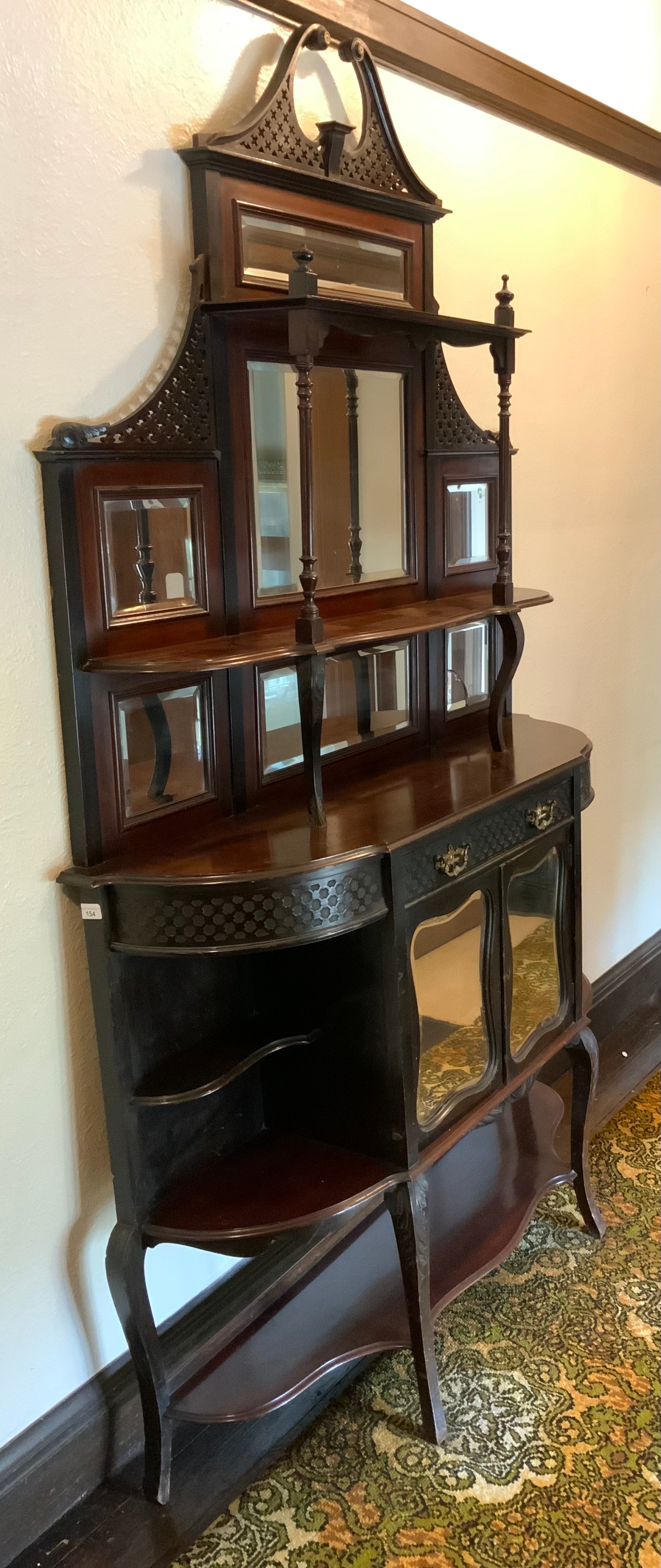 A Victorian ebonised chiffoniere, with blind fret swan neck pediment above two shelves and seven - Image 3 of 4