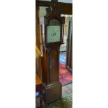 A 19th century oak longcase clock, mahogany crrossbanded the arched dial painted with country
